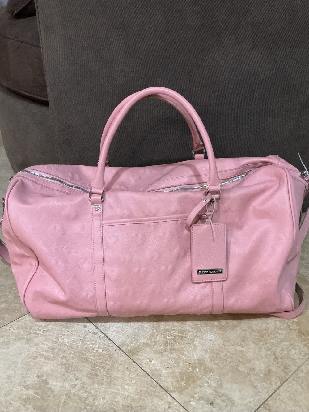 Betsey Johnson Pink Hearts Faux Leather Weekender Duffel Bag